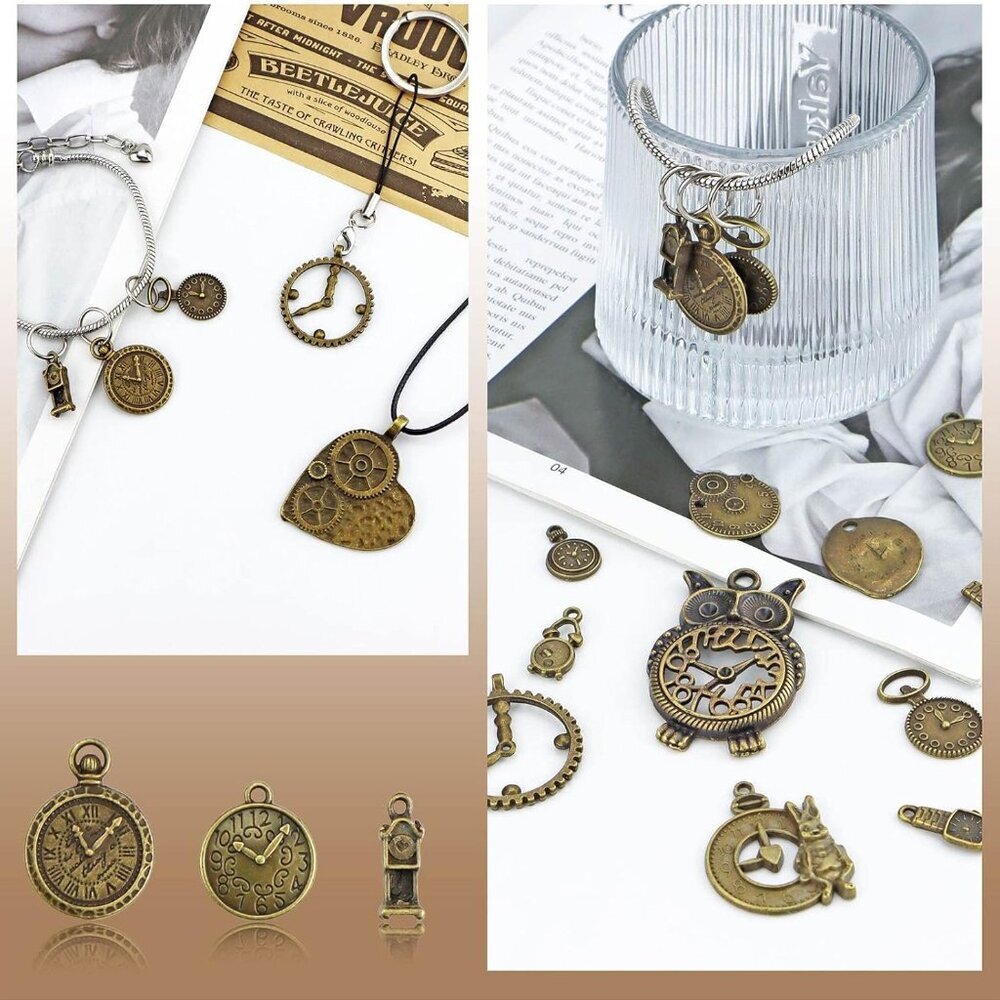 Antiqued Bronze Clock Face Charm Pendant, Wholesale Bulk Lots Mixed Gears Steamp - Picture 4 of 7